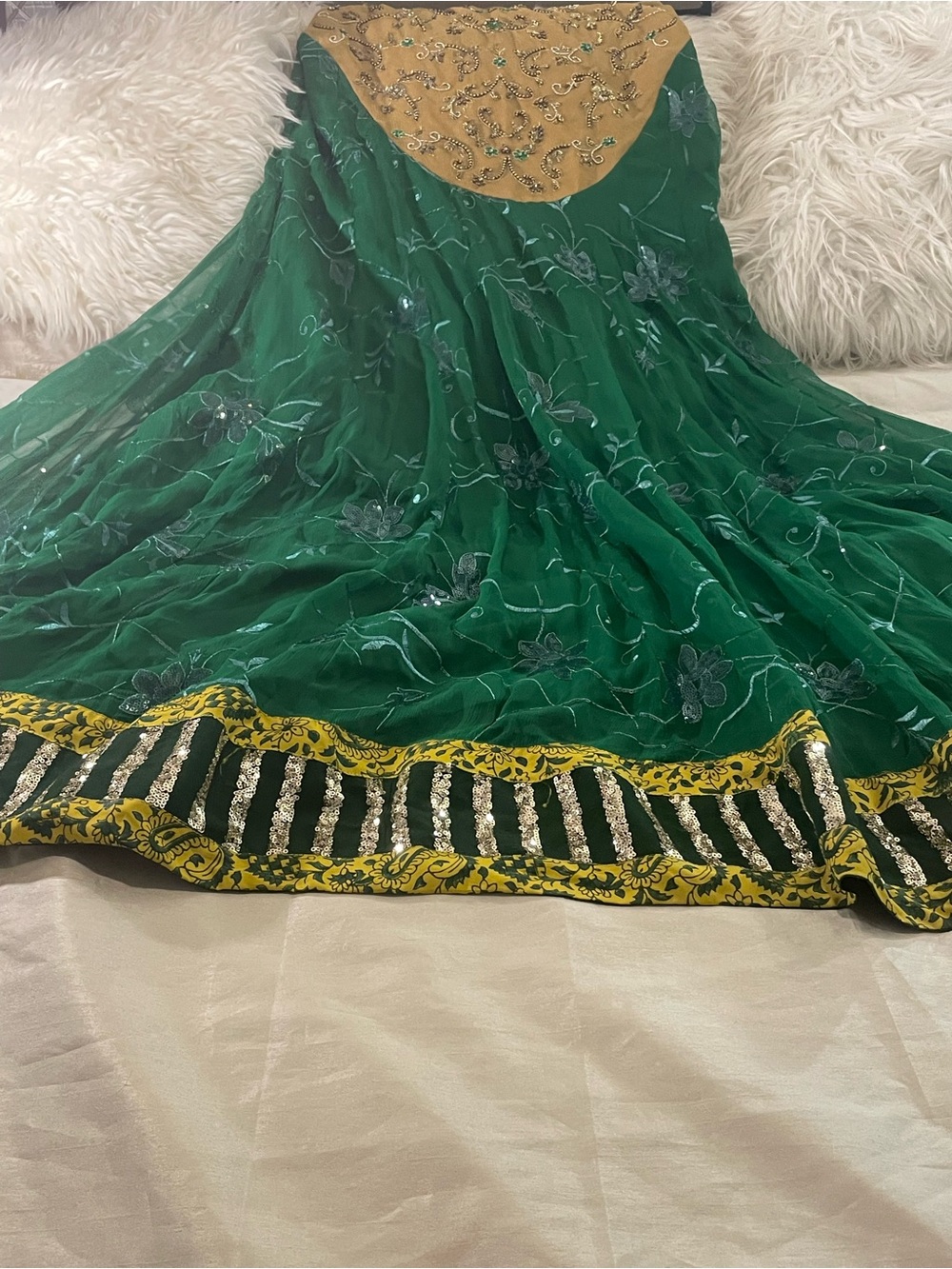 Green Embroidered Evening Dress with Gold Accents holiday handmade large